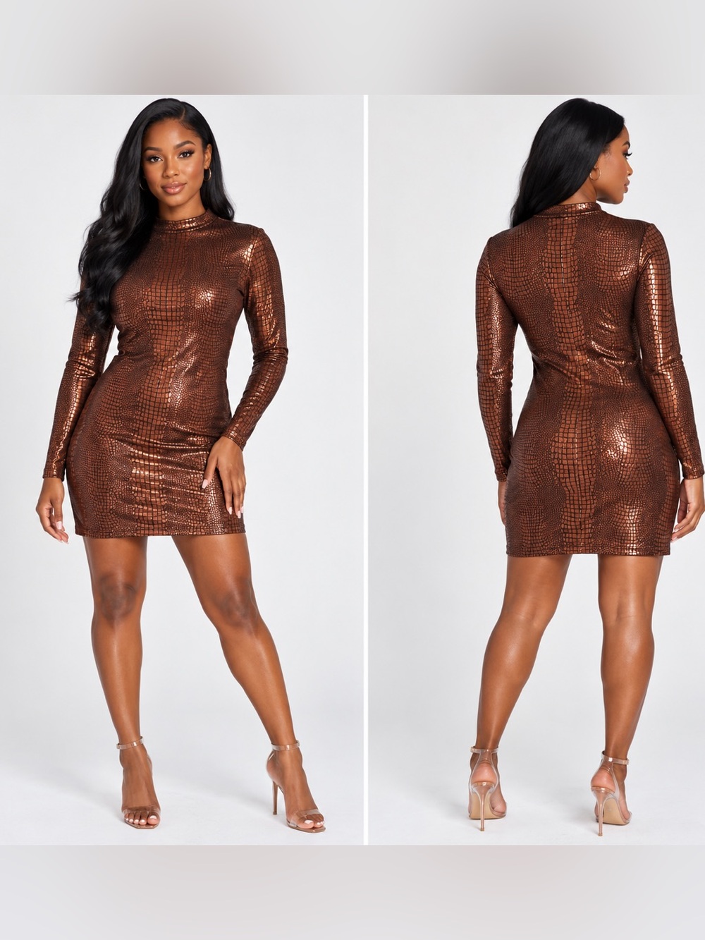 Women’s Bronze Metallic Crocodile Print Bodycon Mini Dress Long Sleeve Size L